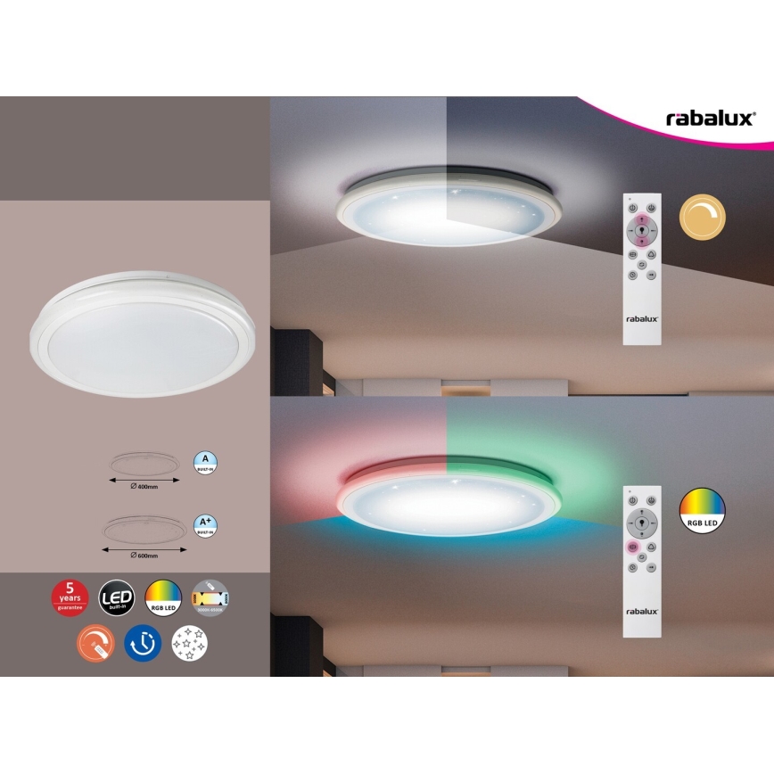Rabalux - stmievateľné LED stropné svietidlo s diaľkovým ovládaním, RGB, 32 W, 230 V, priemer 40 cm