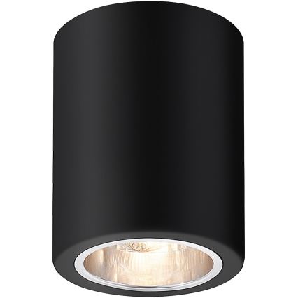 Svietidlo valcového tvaru, čiernej farby, svieti. Je umiestnené na bielom pozadí.