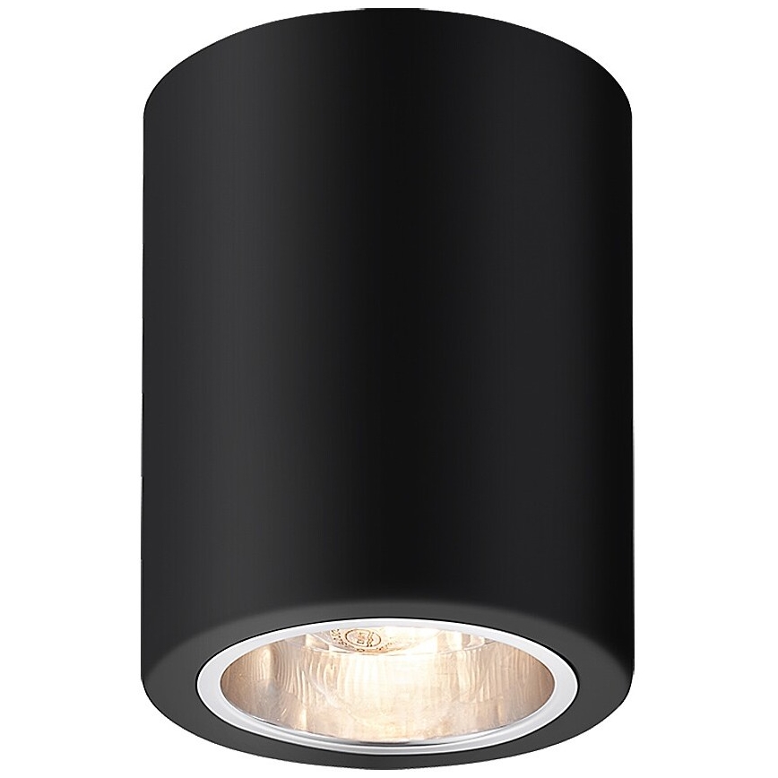 Svietidlo valcového tvaru, čiernej farby, svieti. Je umiestnené na bielom pozadí.