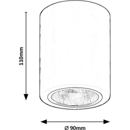Valcové stropné svietidlo je znázornené v náčrte s rozmermi 110 mm na výšku a 90 mm v priemere. Svietidlo má plochý okrúhly otvor na spodnej strane.