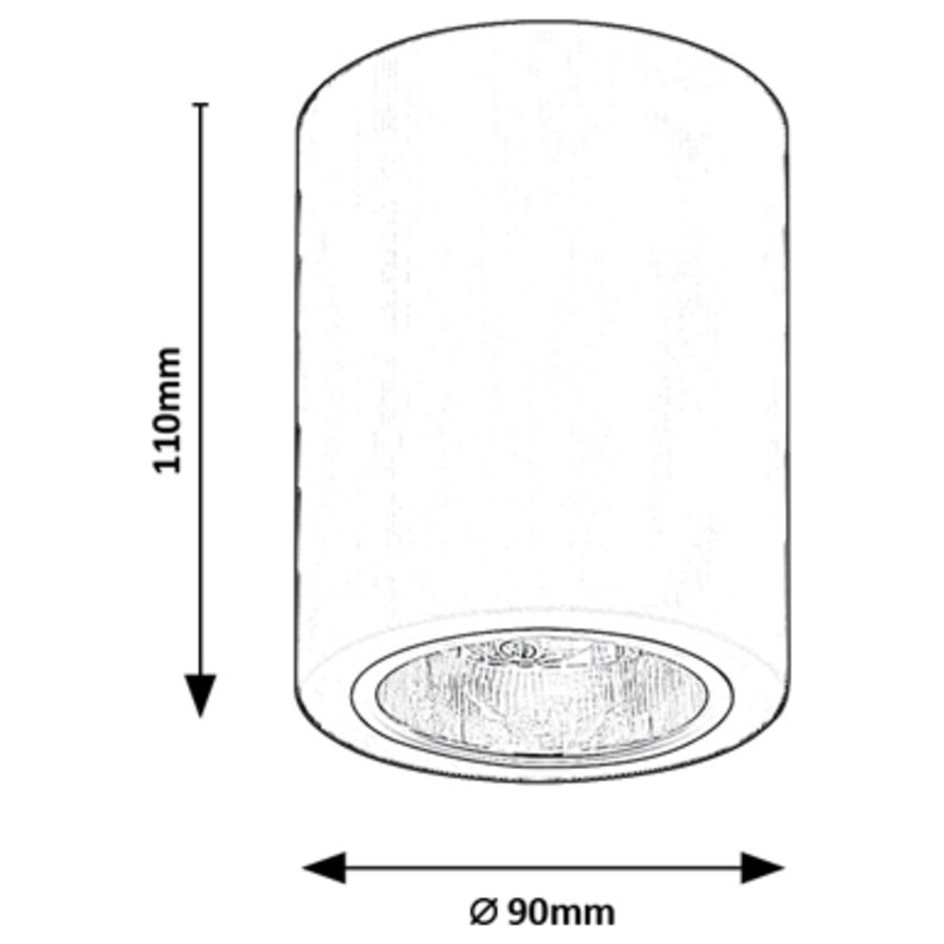 Valcové stropné svietidlo je znázornené v náčrte s rozmermi 110 mm na výšku a 90 mm v priemere. Svietidlo má plochý okrúhly otvor na spodnej strane.