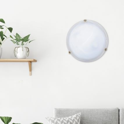 Okrúhle svietidlo je pripevnené na stene. Na poličke pod ním sú dve kvetináče s izbovými rastlinami. Svietidlo je umiestnené nad sivou pohovkou.