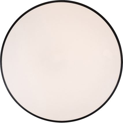 Okrúhle stropné svietidlo s mliečnym difúzorom a čiernym rámom je umiestnené na bielom pozadí.