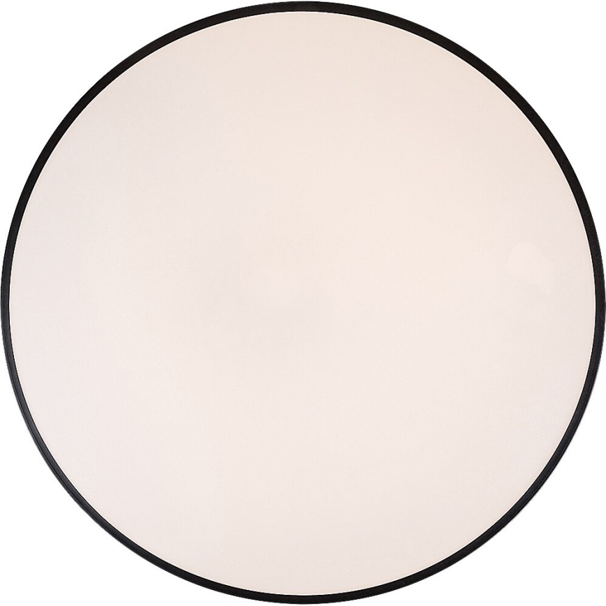 Okrúhle stropné svietidlo s mliečnym difúzorom a čiernym rámom je umiestnené na bielom pozadí.