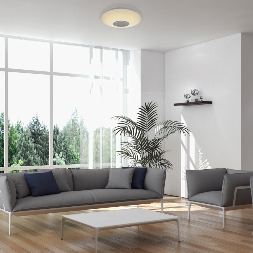 Svietidlo svieti v obývacej izbe. Šedá pohovka a kreslá sú umiestnené pred veľkým oknom s výhľadom na zeleň. Rastlina v kvetináči stojí vedľa pohovky.