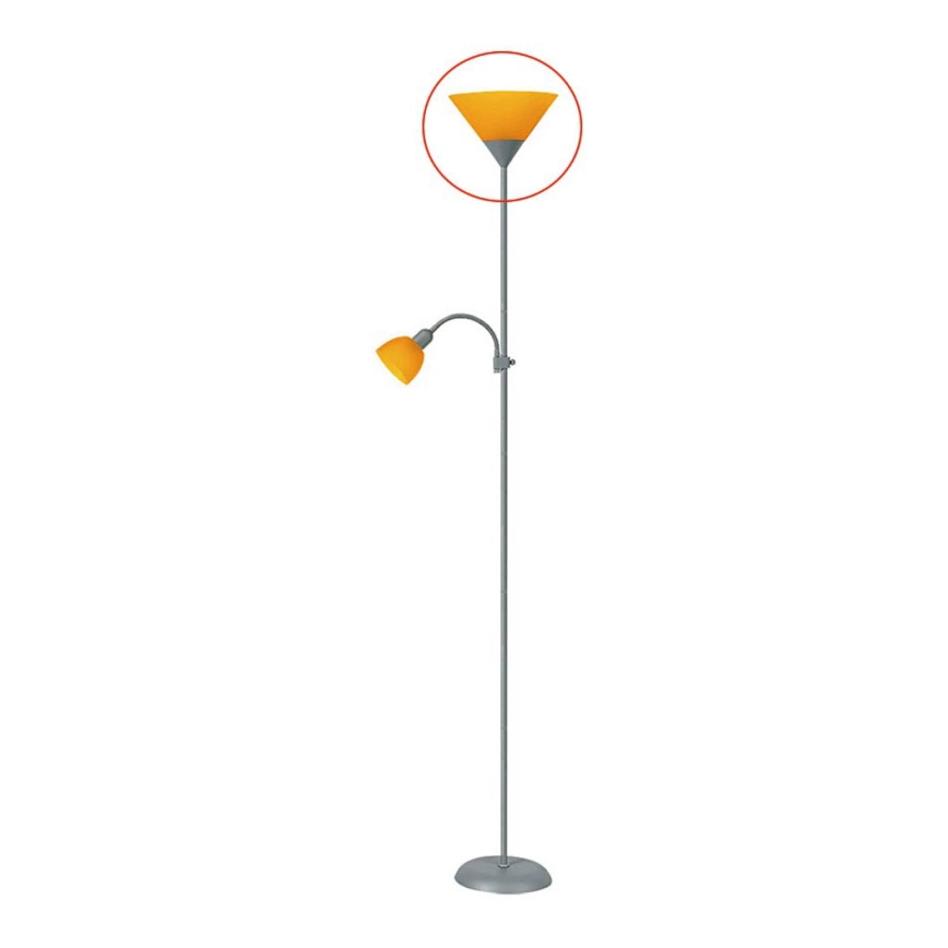 Stojacia lampa s dvoma tienidlami, jedno oranžové kužeľovité, druhé menšie oranžové guľaté, na kovovej tyči s kruhovým prvkom okolo väčšieho tienidla.
