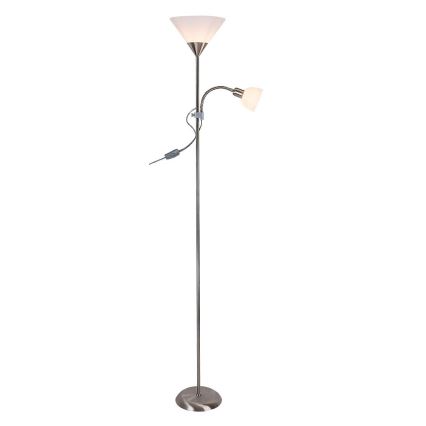 Stojacia lampa s dvoma tienidlami, svieti, má kovový stojan a ovládač na kábli. Jedno tienidlo je väčšie, druhé menšie a pohyblivé na ohybnom rameni.
