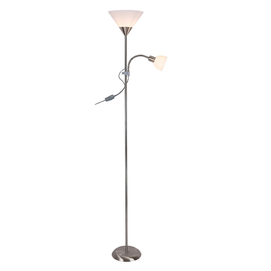 Stojacia lampa s dvoma tienidlami, svieti, má kovový stojan a ovládač na kábli. Jedno tienidlo je väčšie, druhé menšie a pohyblivé na ohybnom rameni.