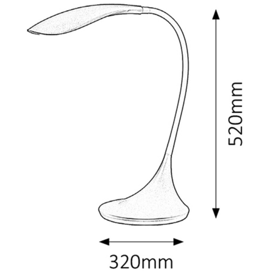 Stolová lampa s ohnutým ramenom a rozšírenou základňou. Rozmery: výška 520 mm, šírka 320 mm.