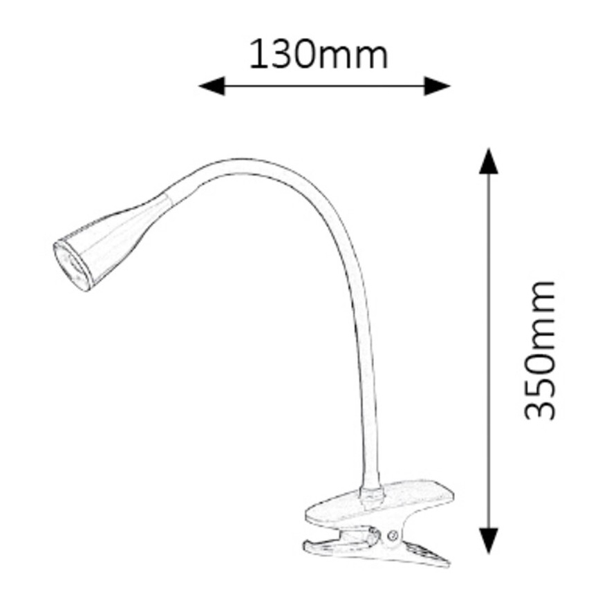 Svietidlo s flexibilným ramenom a svorkou sa pripevňuje na povrch. Rozmery: 130 mm (šírka) a 350 mm (výška).