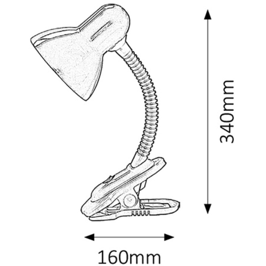 Stolná lampa sa prichytáva sponou. Lampa je vysoká 340 mm a široká 160 mm. Má flexibilné rameno a tienidlo.