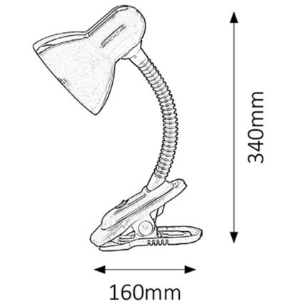 Stolová lampa s klipom sa prichytáva na povrch. Je vysoká 340 mm a široká 160 mm. Lampa má ohýbateľnú rúrkovú nohu a tienidlo.