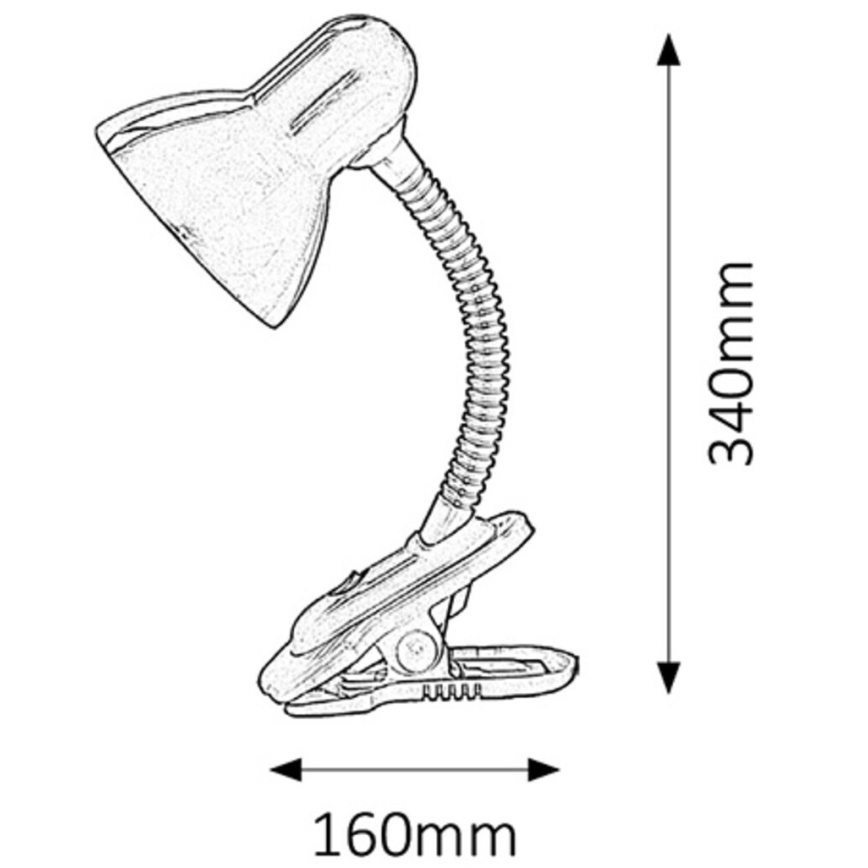 Stolová lampa s klipom sa prichytáva na povrch. Je vysoká 340 mm a široká 160 mm. Lampa má ohýbateľnú rúrkovú nohu a tienidlo.