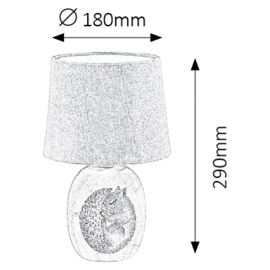 Stolová lampa s tienidlom, na ktorej je zobrazený spiaci veverička, s rozmermi 180 mm (priemer tienidla) a 290 mm (výška).