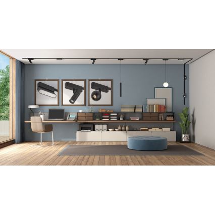 Svietidlá sú umiestnené v modernom interiéri. Na strope je inštalovaný systém koľajnicového osvetlenia s viacerými bodovými svetlami. V miestnosti sa nachádza pracovný stôl, knižnica a sedací vak.