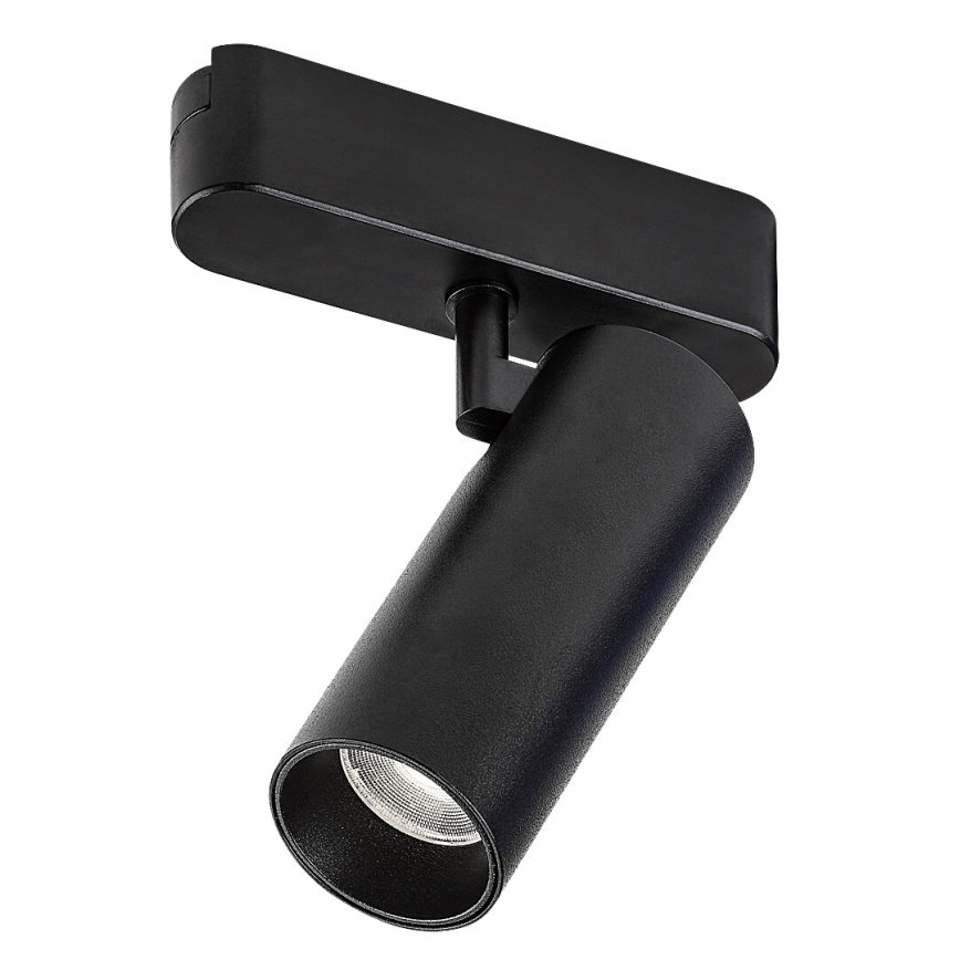 Čierna bodová lampa s valcovitým telom smeruje svetlo nadol. Je pripevnená k obdĺžnikovému držiaku. Lampa je izolovaná na bielom pozadí.