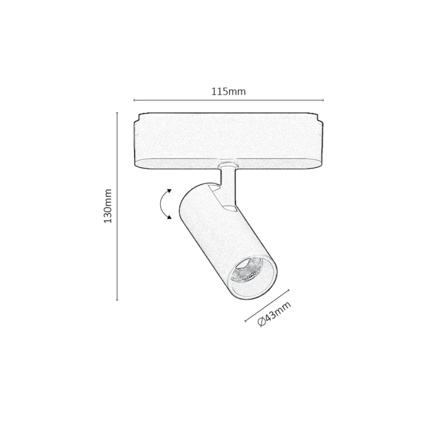 Svietidlo s valcovitým telom smeruje doprava. Je pripevnené k obdĺžnikovej základni na strope. Rozmery: 115 mm x 130 mm, priemer svietidla 43 mm.