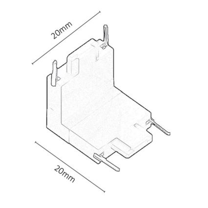 Trojrozmerný náčrt elektrickej súčiastky s rozmermi 20 mm x 20 mm, ktorá má výstupy a je znázornená v perspektívnom pohľade na bielom pozadí.