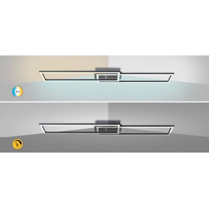 Dve svietidlá s obdĺžnikovým tvarom sú namontované na strope v rohu miestnosti. Svietidlá vyžarujú svetlo na steny v rôznych farebných teplotách. Na obrázku sú zobrazené dve verzie, rozdiel je vo farbe svetla. Symboly ICC a energetickej triedy označujú certifikáciu a energetickú účinnosť.