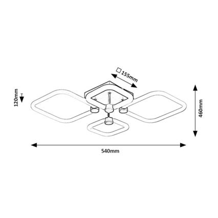 Technický výkres stropného svietidla s rozmermi 540 x 460 x 120 mm. Svietidlo má štyri kosoštvorcové LED prvky a štvorcovú stredovú časť. Rozmery štvorcovej časti sú 155 x 155 mm.