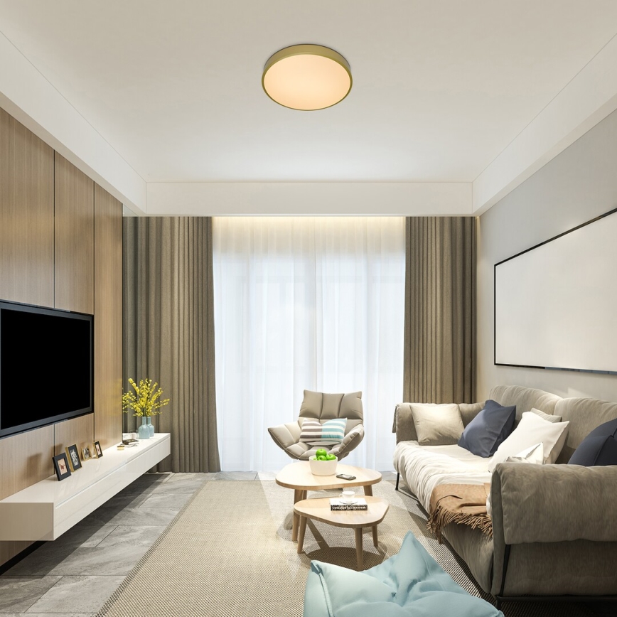 Okrúhle stropné svietidlo svieti v obývacej izbe. Izba obsahuje sedaciu súpravu, kreslo, konferenčné stolíky a televízor. Steny sú čiastočne obložené drevom.