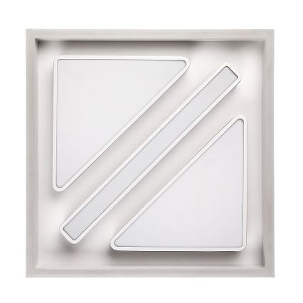 Svietidlo svieti. Skladá sa z dvoch trojuholníkových a dvoch obdĺžnikových svetelných prvkov, ktoré sú umiestnené v sivom štvorcovom ráme.