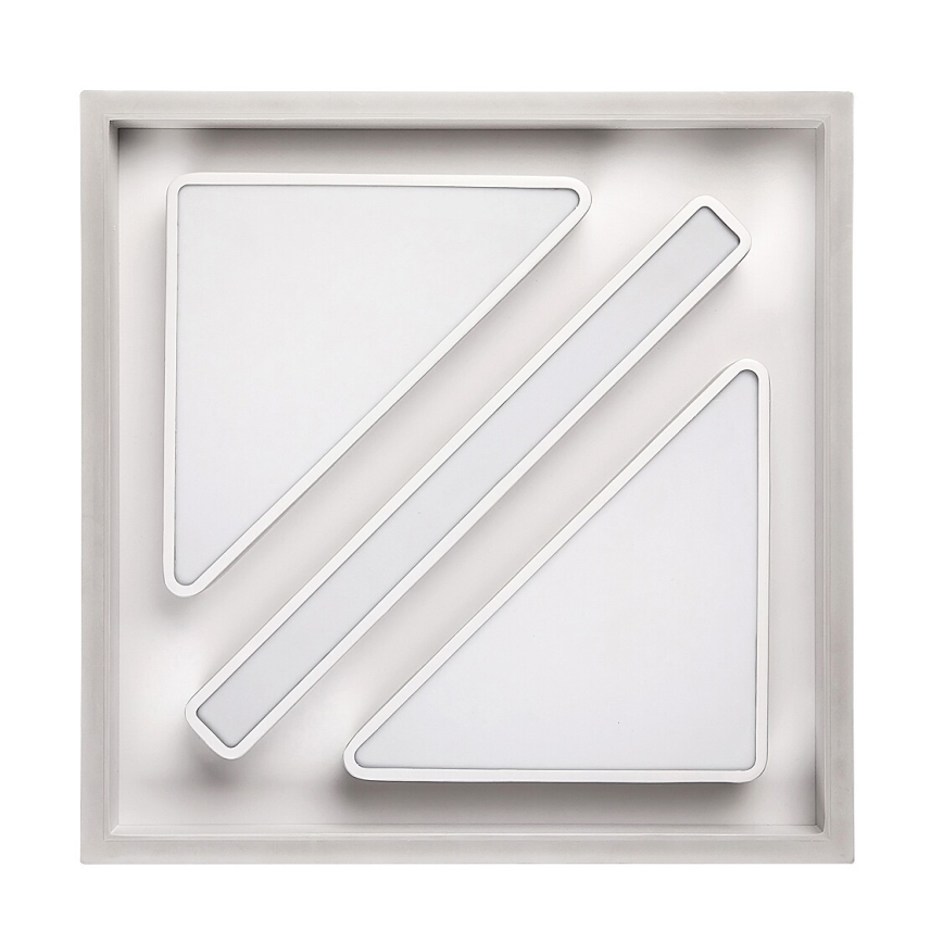 Svietidlo svieti. Skladá sa z dvoch trojuholníkových a dvoch obdĺžnikových svetelných prvkov, ktoré sú umiestnené v sivom štvorcovom ráme.