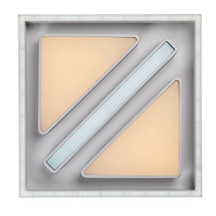 Štvorcové stropné svietidlo svieti. Je zložené z dvoch trojuholníkových a jedného obdĺžnikového svetelného prvku, umiestnených v striebornom ráme. Svetlo má teplú a studenú farbu.