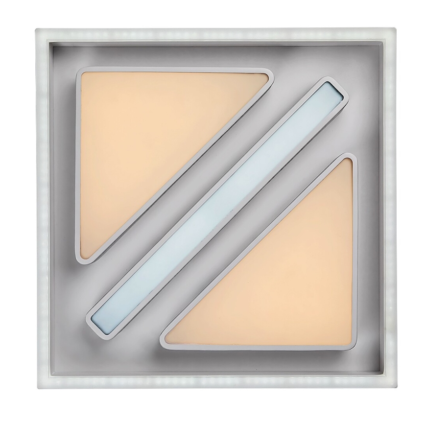 Štvorcové stropné svietidlo svieti. Je zložené z dvoch trojuholníkových a jedného obdĺžnikového svetelného prvku, umiestnených v striebornom ráme. Svetlo má teplú a studenú farbu.