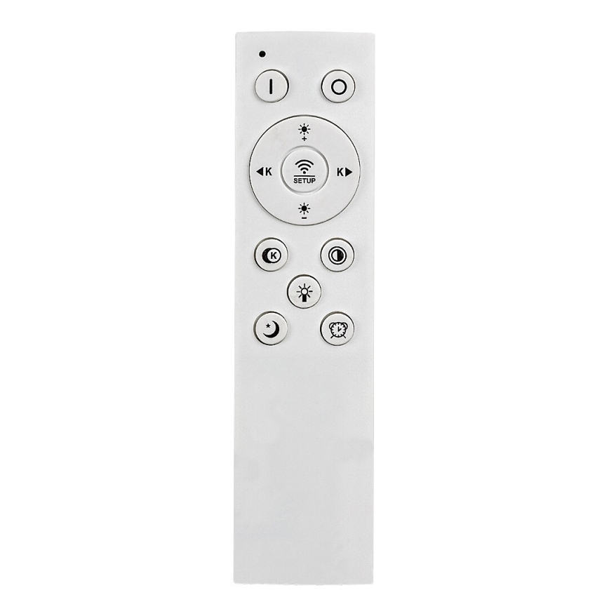 Biela diaľková ovládač riadi osvetlenie. Obsahuje tlačidlá pre nastavenie jasu, teploty farieb a svetelných režimov (vrátane spánkového režimu a časovača). Je zobrazená na bielom pozadí.