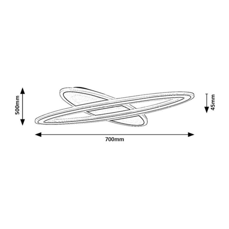 Prezentované je stropné svietidlo s dvoma prekrývajúcimi sa oválnymi prvkami, s rozmermi 700 mm x 500 mm x 45 mm. Svietidlo je zobrazené zhora.