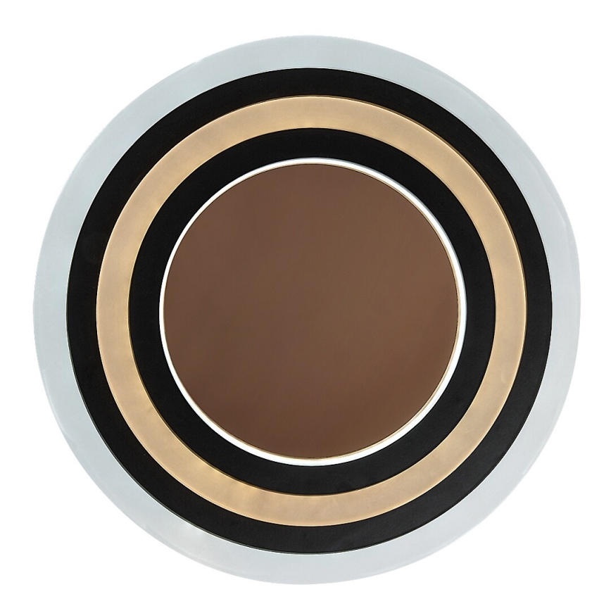 Okrúhle zrkadlo s hnedým sklom je obkolesené tromi sústrednými kruhmi: svetlosivým, čiernym a zlatým. Zrkadlo je umiestnené na bielom pozadí.