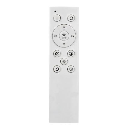 Biely diaľkový ovládač s viacerými tlačidlami, vrátane kruhového tlačidla s nápisom „SETUP“, ovláda svetlá. Na bielom pozadí.