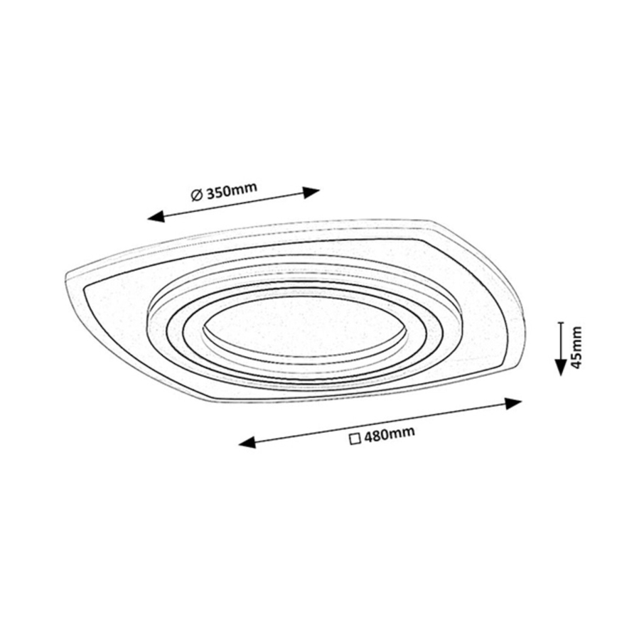 Návrh svietidla s rozmermi 350 mm a 480 mm, 45 mm výška, je zobrazený zhora. Svietidlo má okrúhly otvor v strede a viacvrstvový dizajn.