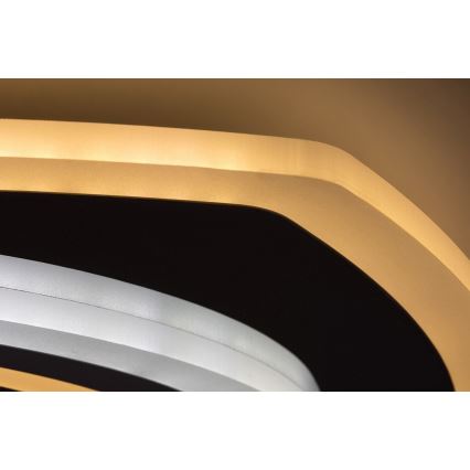 Svietidlo svieti na strope. Jeho dizajn pozostáva z prekrývajúcich sa koncentrických kruhov v zlatej, čiernej a bielej farbe. Svetlo vyžaruje zo zlatých a bielych prvkov.