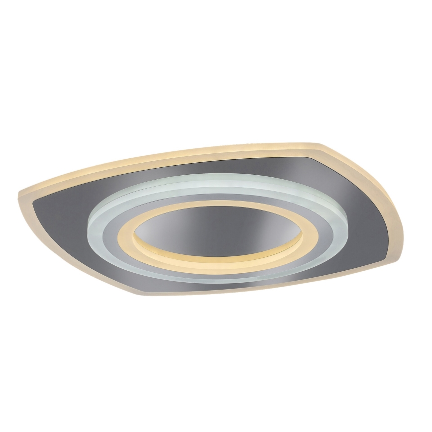 Svietidlo svieti. Má štvorcový tvar s okrúhlym stredom a dvoma koncentrickými kruhmi svetla, sivou a zlatou farbou. Je umiestnené na bielom pozadí.