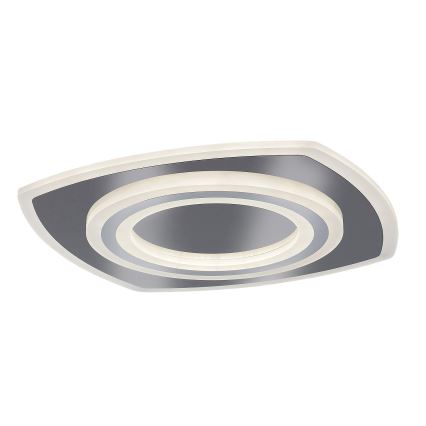 Svietidlo svieti na strop. Má štvorcový tvar s okrúhlym vnútorným svetlom a dvomi koncentrickými kruhmi. Je sivé a svetlo béžové.