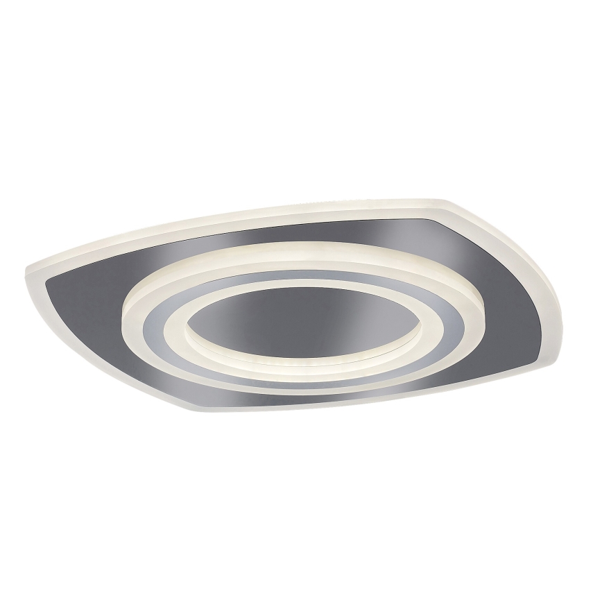 Svietidlo svieti na strop. Má štvorcový tvar s okrúhlym vnútorným svetlom a dvomi koncentrickými kruhmi. Je sivé a svetlo béžové.