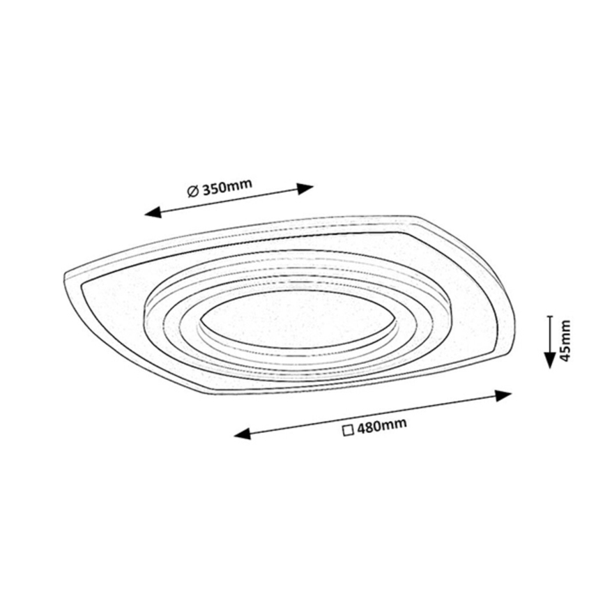 Svietidlo je zobrazené v náčrte s rozmermi: priemer 350 mm a dĺžka 480 mm. Výška svietidla je 45 mm. Je znázornené zhora.