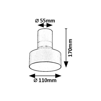 Svietidlo s valcovým telom a širokým spodným okrajom je znázornené s rozmermi: horný priemer 55 mm, dolný priemer 110 mm a výška 170 mm.