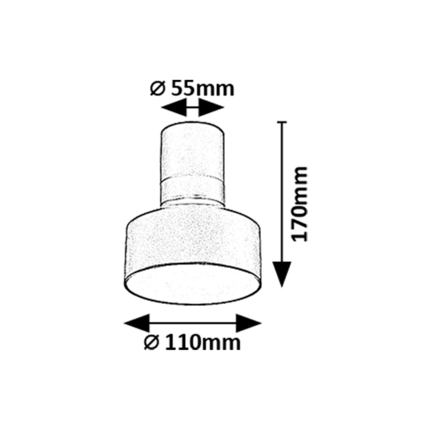 Svietidlo s valcovým telom a širokým spodným okrajom je znázornené s rozmermi: horný priemer 55 mm, dolný priemer 110 mm a výška 170 mm.