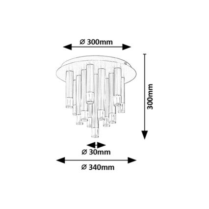 Stropné svietidlo s viacerými zvislými valcovými prvkami svieti. Priemer základne je 300 mm, výška 300 mm, priemer spodnej časti je 340 mm, priemer jednotlivých valcov 30 mm.