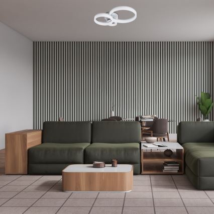 Rohová sedačka tmavozelenej farby stojí v obývacej izbe s drevenou podlahovou krytinou a stenou s vertikálnymi čierno-bielymi pruhmi. Pred sedačkou je nízky drevený stolík. V pozadí je jedálenský stôl so stoličkami. Na strope je trojitá kruhová lampa.