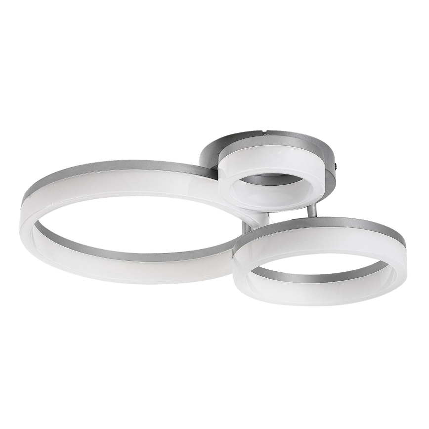 Svietidlo s dvoma prepojenými oválnymi kruhmi svieti. Štruktúra je strieborno-šedá s bielym difúznym materiálom. Svietidlo je určené na stropnú montáž.