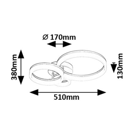 Svietidlo s tromi prepletenými kruhmi je znázornené v náčrte. Rozmery: priemer stredného kruhu 170 mm, šírka 510 mm, výška 130 mm a dĺžka 380 mm.