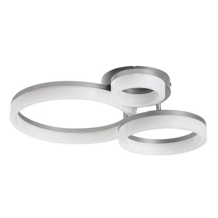 Svietidlo s dvoma prepojenými oválnymi kruhmi svieti. Štruktúra je strieborno-šedá s bielym difúznym materiálom. Svietidlo je určené na stropnú montáž.