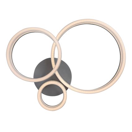 Svietidlo svieti. Tvorí ho sústava prepletených kruhov s LED osvetlením, upevnených na tmavosivej podložke. Svietidlo je určené na nástennú montáž.