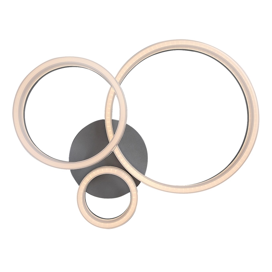 Svietidlo svieti. Tvorí ho sústava prepletených kruhov s LED osvetlením, upevnených na tmavosivej podložke. Svietidlo je určené na nástennú montáž.