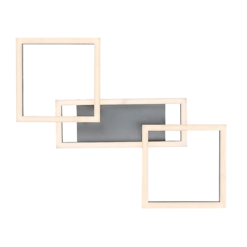 Svietidlo svieti. Skladá sa z troch prekrývajúcich sa štvorcových rámov s LED osvetlením a sivého obdĺžnikového prvku v strede. Je určené na nástennú montáž.