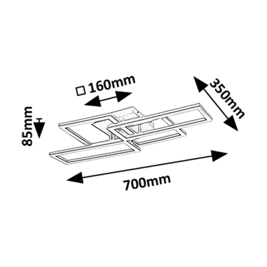 Stropné svietidlo s rozmermi 700 x 350 x 85 mm a centrálnou časťou 160 mm je zobrazené zhora. Svietidlo má štvorcový tvar s prekríženými lištami.